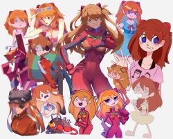 Rule 34 | artist request, blue eyes, bodysuit, breasts, brown hair, chibi, curvy, dress, eva 02, evangelion: 2.0 you can (not) advance, evangelion: 3.0 you can (not) redo, eyepatch, hand on own hip, hat, highres, looking at viewer, looking away, mecha, multiple persona, neon genesis evangelion, rebuild of evangelion, red hair, robot, school uniform, shiny skin, simple background, sitting, smile, solo, souryuu asuka langley, sweater, swimsuit, toon (style), twintails, yellow dress
