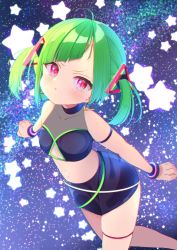 Rule 34 | 1girl, ahoge, arm strap, bare shoulders, black skirt, bracelet, clothing cutout, collarbone, commentary, covered collarbone, crop top, delutaya, diagonal bangs, earrings, green hair, halterneck, highres, indie virtual youtuber, jewelry, looking at viewer, midriff, myuu2960, navel, red eyes, second-party source, short twintails, skirt, solo, sparkle background, star (symbol), starry background, thigh strap, triangle earrings, twintails, underboob cutout, virtual youtuber