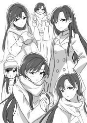 Rule 34 | 1girl, 72producer, absurdres, expressions, greyscale, highres, idolmaster, idolmaster (classic), kisaragi chihaya, long hair, looking at viewer, monochrome, scarf, sketch, smile, solo