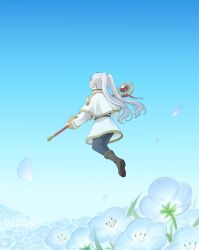 Rule 34 | 1girl, black pantyhose, blue flower, blue sky, blue theme, brown footwear, capelet, clear sky, commentary request, floating, flower, frieren, from behind, gold trim, highres, holding, holding staff, levitation, long hair, long sleeves, looking up, mage staff, pantyhose, shiharu1115, skirt, sky, solo, sousou no frieren, staff, striped clothes, striped skirt, twintails, white capelet, white skirt