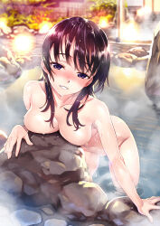 Rule 34 | 1girl, blush, breasts, collarbone, commentary request, grin, half-closed eyes, highres, large breasts, leaning forward, long hair, looking at viewer, matsuryuu, navel, nude, onsen, original, outdoors, purple eyes, purple hair, revision, rock, smile, solo, teeth, thighs, wet
