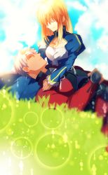 Rule 34 | archer (fate), artoria pendragon (all), artoria pendragon (fate), black shirt, blonde hair, blue sky, closed eyes, cloud, dark-skinned male, dark skin, day, dress, fate/stay night, fate (series), grass, hand on another&#039;s head, jacket, kuriiro benishi, lying on lap, red jacket, saber (fate), shirt, sky, sleeping, sleeping on person, smile, white hair