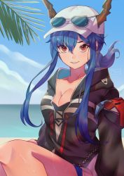 Rule 34 | 1girl, absurdres, arknights, beach, blue hair, breasts, ch&#039;en (arknights), ch&#039;en the holungday (arknights), cleavage, cloud, collarbone, commentary request, cowboy shot, dragon girl, dragon horns, eyebrows hidden by hair, eyewear on head, hair between eyes, highres, horns, horns through headwear, juvylatte, looking at viewer, medium breasts, ocean, official alternate costume, open clothes, open mouth, outdoors, palm tree, parted bangs, parted lips, ponytail, red eyes, sand, sidelocks, sitting, sky, smile, solo, summer, sunglasses, sweat, teeth, tree
