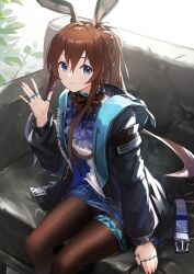 Rule 34 | 1girl, absurdres, amiya (arknights), animal ear fluff, animal ears, arknights, ascot, belt, belt buckle, black coat, blue ascot, blue eyes, blue skirt, blush, brown hair, brown pantyhose, buckle, closed mouth, clothes writing, coat, couch, feet out of frame, highres, jewelry, long hair, long sleeves, looking at viewer, material growth, mimihachi, miniskirt, multiple rings, on couch, open belt, open clothes, open coat, oripathy lesion (arknights), pantyhose, ponytail, rabbit ears, ring, shirt, sidelocks, sitting, skirt, smile, solo, thighlet, waving, white shirt