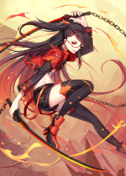 Rule 34 | 1girl, arm up, black hair, black thighhighs, boots, chain, dual wielding, glasses, gradient background, gradient hair, hair ribbon, high heel boots, high heels, highres, holding, jacket, kai-ri-sei million arthur, katana, long hair, long legs, looking at viewer, midriff, million arthur (series), multicolored hair, nian (zhanian), one side up, open clothes, open jacket, original, red-framed eyewear, red eyes, red hair, ribbon, shirt, shorts, smirk, solo, sword, thighhighs, very long hair, weapon