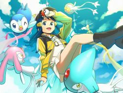 Rule 34 | 1girl, ;d, azelf, baseball cap, black footwear, boots, cloud, commentary request, creatures (company), dawn (pokemon), day, dress, game freak, gen 4 pokemon, hand up, hat, holding, holding poke ball, jacket, legendary pokemon, long hair, long sleeves, looking at viewer, matsu bokkuri, mesprit, nintendo, no panties, one eye closed, open clothes, open jacket, open mouth, outdoors, piplup, poke ball, poke ball (basic), pokemon, pokemon (creature), pokemon bdsp, sky, smile, tongue, uxie, white dress, yellow jacket