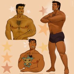 Rule 34 | 1boy, ^ ^, ace attorney, arm hair, armpit hair, bandage on face, bandages, bara, black hair, black shorts, blue badger, blush, brown background, chest hair, closed eyes, closed mouth, collarbone, crossed arms, dick gumshoe, facial hair, full body, goatee, goatee stubble, grin, highres, kukustar (kukuu), leg hair, long sideburns, looking at viewer, male focus, mastectomy scar, pectorals, scar, scar on chest, short hair, shorts, sideburns, smile, star (symbol), stubble