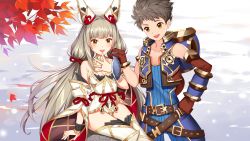 Rule 34 | 1boy, 1girl, animal ears, bodysuit, breasts, brown hair, cat ears, cat girl, cleavage, crotchless, crotchless pants, eyebrows, fingerless gloves, fish, gloves, hair ornament, highres, japanese clothes, leotard, long hair, nia (blade) (xenoblade), nia (xenoblade), nintendo, niyah, open mouth, pants, rex (xenoblade), short hair, silver hair, smile, spoilers, water, white gloves, xenoblade chronicles (series), xenoblade chronicles 2, xingxiang senlin, yellow eyes