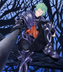 Rule 34 | 1boy, absurdres, achilles (fate), armor, bare tree, fate/apocrypha, fate (series), greaves, green hair, highres, male focus, manly, mukade (siieregannsu), polearm, red scarf, scarf, simple background, solo, spear, tree, weapon