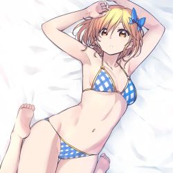 Rule 34 | 10s, 1girl, adapted costume, armpits, arms up, barefoot, bikini, blonde hair, bow, breasts, brown eyes, chan co, djeeta (granblue fantasy), feet, granblue fantasy, hair bow, hair ornament, kimi to boku no mirai, looking at viewer, lying, navel, on back, short hair, small breasts, solo, swimsuit