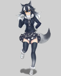 Rule 34 | 10s, 1girl, animal ears, black hair, black thighhighs, blue eyes, blush, breasts, fur collar, gloves, grey wolf (kemono friends), heterochromia, highres, kemono friends, koenza botoke, large breasts, long hair, long sleeves, looking at viewer, multicolored hair, necktie, pencil, skirt, solo, tail, thighhighs, two-tone hair, wolf ears, wolf tail, yellow eyes
