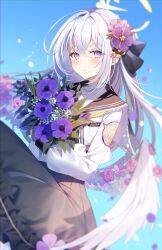 Rule 34 | 1girl, azusa (blue archive), blue archive, flower, grey hair, highres, looking at viewer, myusha, skirt, solo, wings