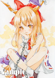 Rule 34 | 1girl, :t, bare shoulders, bloomers, blush, bow, bowtie, chain, closed mouth, cuffs, fang, feet out of frame, gourd, hair bow, hand on own cheek, hand on own face, hand up, horn bow, horn ornament, horn ribbon, horns, ibuki suika, indian style, knees up, light smile, long hair, looking at viewer, oni horns, orange eyes, orange hair, painting (medium), purple ribbon, purple skirt, red bow, red bowtie, ribbon, sample watermark, shackles, shirt, simple background, sitting, skin fang, skirt, solo, torn clothes, touhou, traditional media, underwear, very long hair, watercolor (medium), watermark, white background, white bow, white shirt, yuiki (cube)