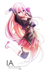 Rule 34 | 1girl, absurdres, arms up, artist name, black thighhighs, blue eyes, boots, character name, collar, collarbone, floating hair, full body, hair between eyes, highres, ia (vocaloid), knee boots, long hair, looking at viewer, miniskirt, pink skirt, pleated skirt, silver hair, simple background, skirt, solo, songjiangcc, thighhighs, thighhighs under boots, very long hair, vocaloid, white background, white footwear