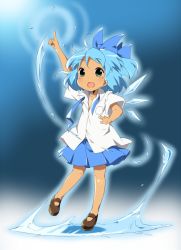 Rule 34 | 1girl, blue background, blue hair, blue neckerchief, blue skirt, blush, bow, breast pocket, brown footwear, child, cirno, collarbone, female focus, green eyes, hair bow, hair ribbon, ice, kareha aki, looking up, mary janes, neckerchief, open mouth, paw print, pocket, ribbon, shirt, shoes, short hair, short sleeves, skirt, smile, solo, solo focus, tan, touhou, undone neckerchief, white shirt, wings