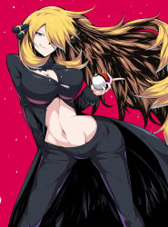 Rule 34 | 1girl, black coat, black pants, blonde hair, breasts, coat, creatures (company), cynthia (pokemon), fur collar, fur trim, game freak, grey eyes, hair ornament, hair over one eye, highres, large breasts, long hair, looking at viewer, midriff, navel, nintendo, pants, parted lips, poke ball, pokemon, pokemon dppt, red background, shimure (460), sidelocks, simple background, smile, smirk, solo, swept bangs, wide hips