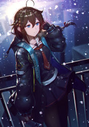 Rule 34 | 1girl, ahoge, arknights, black coat, black gloves, black pantyhose, black serafuku, black skirt, blue eyes, braid, brown hair, coat, commission, eatora, fingerless gloves, gloves, hair flaps, kantai collection, long sleeves, miniskirt, necktie, open clothes, open coat, outdoors, pantyhose, pleated skirt, red necktie, school uniform, serafuku, shigure (kancolle), shigure kai ni (kancolle), single braid, skeb commission, skirt, snowing, solo, standing