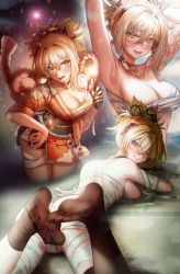 Rule 34 | 1girl, absurdres, arm tattoo, armpits, bandages, black thighhighs, blonde hair, blush, breast tattoo, breasts, cleavage, feet, genshin impact, half-closed eyes, highres, japanese clothes, large breasts, long hair, looking at viewer, lying, nompang, on stomach, open mouth, see-through, see-through legwear, smile, soles, tattoo, the pose, thighhighs, toes, yellow eyes, yoimiya (genshin impact)