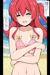 Rule 34 | 1girl, :d, ^ ^, beach, bikini, blue sky, bocchi the rock!, breasts, cleavage, closed eyes, cloud, commentary request, day, groin, kita ikuyo, medium hair, navel, ocean, open mouth, outdoors, pink bikini, plaid bikini, plaid clothes, red hair, serebi ryousangata, sky, small breasts, smile, solo, speech bubble, swimsuit, translation request