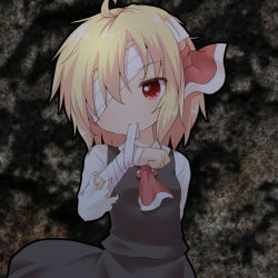 Rule 34 | 1girl, ascot, bandage over one eye, bandages, blonde hair, dark, gradient background, mouth hold, natsu no koucha, red eyes, rumia, short hair, solo, torn clothes, touhou