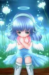 Rule 34 | angel, angel wings, blue hair, child, dress, flower, frown, hairband, halo, headband, heart, hitana, hug, long hair, night, sad, sky, socks, valentine, wings