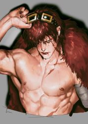 Rule 34 | 1boy, abs, bara, bare pectorals, cropped torso, eustass kid, feather boa, goggles, goggles on head, highres, large pectorals, looking at viewer, male focus, muscular, muscular male, nipples, one piece, pectorals, realistic, red hair, scar, scar across eye, scar on chest, scar on face, scar on neck, scar on stomach, short hair, solo, stomach, wet, wet hair, yonekura naoyasu