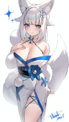 Rule 34 | 1girl, animal ear fluff, animal ears, bare shoulders, blue eyes, blush, breasts, cleavage, commission, cowboy shot, flower, fox ears, fox girl, fox tail, fur (clothing), hair flower, hair ornament, hand on own chest, highres, indie virtual youtuber, japanese clothes, kimono, large breasts, leg ribbon, long hair, looking at viewer, ribbon, sakae izumi, second-party source, sidelocks, skeb commission, smile, solo, tail, thank you, thigh ribbon, thighhighs, uttotobokuzen, virtual youtuber, white background, white hair, white thighhighs
