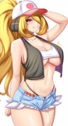 Rule 34 | 1girl, anisdrawn, arm up, bandeau, bare arms, bare shoulders, baseball cap, black panties, black vest, blonde hair, commentary, cosplay, cowboy shot, creatures (company), crop top, cutoffs, cynthia (pokemon), denim, denim shorts, game freak, grey eyes, hat, highleg, highleg panties, highres, hilda (pokemon), hilda (pokemon) (cosplay), long hair, looking at viewer, midriff, navel, nintendo, panties, poke ball, pokemon, pokemon bw, pokemon dppt, ponytail, short shorts, shorts, simple background, skindentation, smile, solo, standing, stomach, thighs, underwear, very long hair, vest, white background