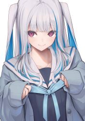 Rule 34 | 1girl, absurdres, alternate hairstyle, blue cardigan, blue hair, blue ribbon, blue shirt, blush, cardigan, closed mouth, collarbone, colored inner hair, commentary, hashtag-only commentary, highres, ichi (cat ichibansuki), lize helesta, lize helesta (4th costume), long hair, long sleeves, looking at viewer, multicolored hair, neck ribbon, nijisanji, open cardigan, open clothes, purple eyes, ribbon, sailor collar, school uniform, serafuku, shirt, simple background, sleeves past wrists, smile, solo, twintails, two-tone hair, upper body, virtual youtuber, white background, white hair, white sailor collar