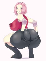 Rule 34 | 1girl, absurdres, alternate breast size, anus, ass, ass grab, bare shoulders, black gloves, blush, breasts, clenched teeth, clepovicka, covered anus, elbow pads, gloves, grabbing own ass, green eyes, hairband, haruno sakura, highres, huge ass, huge breasts, lactation, lactation through clothes, naruto, naruto (series), pink hair, short hair, short shorts, shorts, skin tight, solo, spread anus, spread anus under clothes, spread ass, squatting, teeth, thick thighs, thighs, through clothes, toeless footwear, toes, white background, wide hips