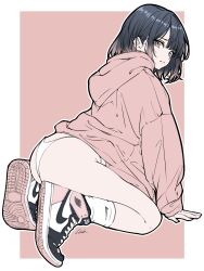 Rule 34 | 1girl, absurdres, air jordan, arm support, ass, bambi surprise, black hair, border, brown background, brown eyes, brown hair, brown hoodie, closed mouth, commentary, english commentary, flat color, from side, gradient hair, high tops, highres, hood, hoodie, kneeling, long sleeves, looking at viewer, medium hair, multicolored hair, nike (company), no pants, original, outside border, panties, shoe soles, shoes, signature, sleeves past wrists, sneakers, socks, solo, thick outlines, underwear, white border, white panties, white socks