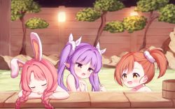 Rule 34 | 1girl, animal ears, blurry, blurry background, blush, braid, brown eyes, brown hair, child, closed eyes, depth of field, fence, kyoka (princess connect!), long hair, low twintails, mimi (princess connect!), misogi (princess connect!), night, nude, onsen, open mouth, outdoors, parted bangs, pink hair, pointy ears, princess connect!, purple hair, rabbit ears, setmen, side ponytail, sidelocks, solo, twin braids, twintails, upper body, wall lamp