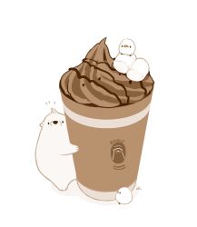 Rule 34 | bear, bird, chai (drawingchisanne), chocolate syrup, commentary, cup, drink, food, food focus, highres, in food, marshmallow, no humans, no mouth, notice lines, original, simple background, sitting, standing, undersized animal, whipped cream, white background