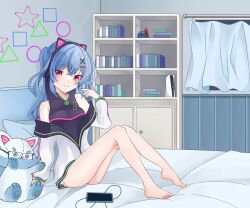Rule 34 | 1girl, animal ears, barefoot, bed, bed sheet, blue hair, blush, book, cat ears, cellphone, chiaki katsumi, commission, curtains, fake animal ears, feet, headphones, highres, hood, hoodie, jacket, looking at viewer, panties, phone, pillow, pink eyes, pixellink, power symbol, shelf, smartphone, smile, solo, striped clothes, striped panties, stuffed toy, underwear, virtual youtuber, wall