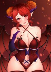 Rule 34 | 1girl, armpits, bare shoulders, bat wings, blush, breasts, corset, demon girl, demon horns, demon tail, demon wings, eppols art, gloves, heart, heart tail, highres, horns, large breasts, naughty face, navel, original, panties, pointy ears, pubic tattoo, red eyes, red hair, red panties, seductive smile, sharp teeth, smile, tail, tattoo, teeth, thick thighs, thighhighs, thighs, underwear, wings