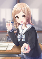 Rule 34 | 1girl, :d, black shirt, blurry, blurry background, book, bow, bowtie, brown eyes, chair, collarbone, commentary request, depth of field, desk, eraser, fingernails, highres, holding, holding pencil, idolmaster, idolmaster shiny colors, light brown hair, long hair, looking at viewer, mechanical pencil, nekobaka, open book, open mouth, pencil, plaid, plaid bow, plaid bowtie, plaid neckwear, sailor collar, sakuragi mano, school chair, school desk, school uniform, serafuku, shirt, signature, smile, solo, twitter username, white sailor collar