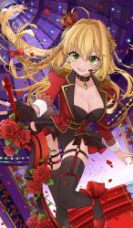 Rule 34 | 1girl, :d, aestus estus, black skirt, black thighhighs, blonde hair, braid, breasts, choker, cleavage, craft essence (fate), crown, dome, eyelashes, fate/grand order, fate (series), flower, garter straps, green eyes, hair ribbon, headset, jacket, large breasts, leaning forward, long hair, looking at viewer, microphone, mini crown, nero claudius (fate), nero claudius (fate) (all), nero claudius (fate/extra), nero claudius (return match) (fate), official alternate costume, official art, open mouth, osanai, petals, red carpet, red flower, red jacket, red rose, ribbon, rose, rose petals, single braid, skirt, smile, solo, stairs, sword, thigh strap, thighhighs, weapon