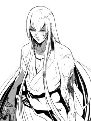 Rule 34 | 10s, 1boy, blood, bracelet, bruise, earrings, greyscale, hair between eyes, holding, holding sword, holding weapon, injury, japanese clothes, jewelry, kousetsu samonji, long hair, male focus, monochrome, necklace, simple background, solo, sword, tassel, tassel earrings, touken ranbu, very long hair, weapon, white background, zuwai kani
