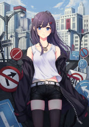 Rule 34 | 1girl, ahoge, arrow (symbol), bare shoulders, belt, black hair, black hoodie, black jacket, black shorts, black thighhighs, blue eyes, blue sky, blush, building, city, cityscape, closed mouth, cloud, collarbone, commentary request, cowboy shot, day, drawstring, hair ornament, highres, hood, hoodie, hoodier, jacket, jewelry, lamppost, long hair, long sleeves, looking at viewer, midriff, midriff peek, necklace, no entry sign, no parking sign, off shoulder, open clothes, open jacket, original, outdoors, road sign, shirt, short shorts, shorts, sidelocks, sign, skindentation, sky, skyscraper, sleeveless, sleeveless shirt, solo, standing, tank top, thighhighs, white belt, white shirt, zettai ryouiki, zipper