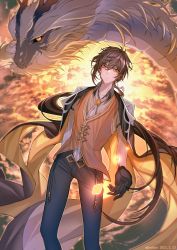 Rule 34 | 1boy, absurdres, akochan, black gloves, black hair, brown hair, closed mouth, cloud, cloudy sky, collar, collared shirt, dragon, earrings, eastern dragon, formal, genshin impact, gloves, hair between eyes, highres, horns, jacket, jewelry, long hair, long sleeves, looking at viewer, male focus, multicolored hair, necktie, open clothes, open jacket, ponytail, rex lapis (genshin impact), shirt, single earring, sky, solo, tassel, tassel earrings, very long hair, vest, whiskers, yellow eyes, zhongli (genshin impact)