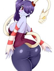 Rule 34 | 1girl, ass, bmayyne, breasts, curvy, female focus, from behind, highres, huge ass, large breasts, looking at viewer, narrow waist, purple hair, red eyes, simple background, skullgirls, smile, solo, squigly (skullgirls), tail, thick thighs, thighs, white background, wide hips, zombie