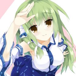 Rule 34 | 1girl, blue skirt, blush, breasts, brown eyes, collared shirt, detached sleeves, frog hair ornament, from above, green hair, hair between eyes, hair ornament, hair tubes, highres, kochiya sanae, large breasts, long hair, long skirt, looking at viewer, looking up, mikan923, nontraditional miko, pink background, salute, shirt, skirt, sleeveless, sleeveless shirt, snake hair ornament, solo, touhou, white background, white shirt