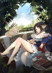 Rule 34 | 1girl, absurdres, animal ears, arknights, bahao diqiu, bare legs, bare shoulders, barefoot, blue bow, blue dress, blue jacket, blush, book, bow, brown eyes, brown hair, closed mouth, couch, crossed legs, cup, day, dress, flower, fox, fox ears, fox girl, fox tail, frilled dress, frills, full body, hair bow, highres, holding, holding book, jacket, leaf, long sleeves, looking at viewer, off shoulder, on couch, open clothes, open jacket, perfumer (arknights), petting, plant, ponytail, red flower, saucer, solo, strap slip, tail, teacup