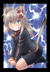 Rule 34 | 1girl, anger vein, animal ears, antenna hair, bell, between legs, bike shorts, black border, black jacket, black shorts, black socks, border, cat ears, cat girl, cat tail, clenched teeth, collar, commentary request, green eyes, grey hair, hair between eyes, hand between legs, highres, jacket, jingle bell, kemonomimi mode, koshirae tsurugi (m.m), long hair, long sleeves, looking at viewer, low ponytail, m.m, neck bell, no shoes, original, ponytail, red collar, short shorts, shorts, sleeves past wrists, socks, solo, stiff tail, tail, teeth, track jacket