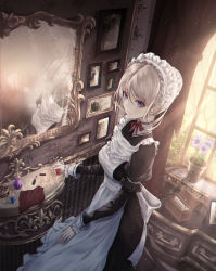 Rule 34 | 1girl, black dress, blush, bottle, breasts, closed mouth, curtains, dlwhdals901, dress, eyeshadow, flower, from above, gem, grey hair, hair between eyes, highres, holding, indoors, jewelry, lipstick, long sleeves, looking at viewer, maid headdress, makeup, medium breasts, original, perfume bottle, picture frame, purple eyes, red lips, reflection, short hair, sleeve cuffs, solo, standing, sunlight, vase, window