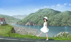 Rule 34 | 1girl, blue eyes, brown hair, budda (pixiv2124), building, dress, grass, hat, house, looking at viewer, mountain, original, river, road, sandals, scenery, short hair, solo, tree, white dress, white footwear, white hat, wide shot