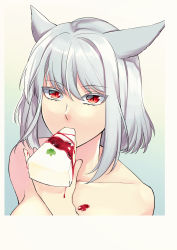 Rule 34 | 1girl, animal ears, bare shoulders, cat ears, collarbone, eating, final fantasy, final fantasy xiv, food, grey hair, hair between eyes, highres, holding, holding food, long hair, looking at viewer, miqo&#039;te, nanase kokono, nude, portrait, red eyes, single hair intake, slit pupils, solo, warrior of light (ff14)