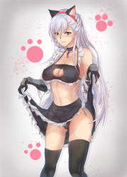 Rule 34 | 1girl, animal ears, apron, arms at sides, azur lane, belfast (azur lane), black bra, black panties, black thighhighs, blue eyes, bra, braid, breasts, cat cutout, cat lingerie, choker, cleavage cutout, clothes lift, clothing cutout, commentary request, cowboy shot, frilled apron, frills, gloves, gluteal fold, hairband, highres, large breasts, lifted by self, long hair, looking at viewer, maid, maid apron, meme attire, panties, paw print, pussy juice, see-through, skirt, skirt lift, smile, solo, standing, thighhighs, underwear, vambraces, white hair, yusha m