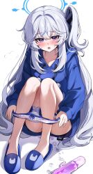 Rule 34 | 1girl, absurdres, after masturbation, blue archive, blue footwear, blue hair, blue hoodie, blush, commentary request, dildo, full body, highres, hood, hood down, hoodie, implied after masturbation, knees up, light blue hair, long hair, long sleeves, looking at viewer, miyako (blue archive), miyako (young) (blue archive), nose blush, one side up, open mouth, panties, panties around ankles, panty pull, puffy long sleeves, puffy sleeves, purple eyes, sak (lemondisk), sex toy, sexually suggestive, sitting, slippers, solo, suggestive fluid, sweat, underwear, unworn panties, very long hair, white panties
