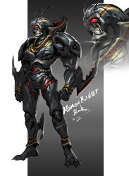 Rule 34 | 1boy, antennae, arm blade, armor, belt, biometal, black skin, clenched hands, closed mouth, colored skin, compound eyes, full body, highres, kamen rider, kamen rider black, kamen rider black (series), kingstone, male focus, rcj, red eyes, rider belt, solo, standing, tokusatsu, weapon